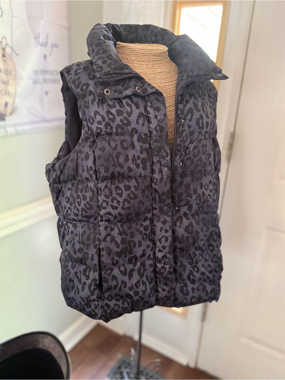 Old Navy Black Leopard Print Quilted Puffer Vest